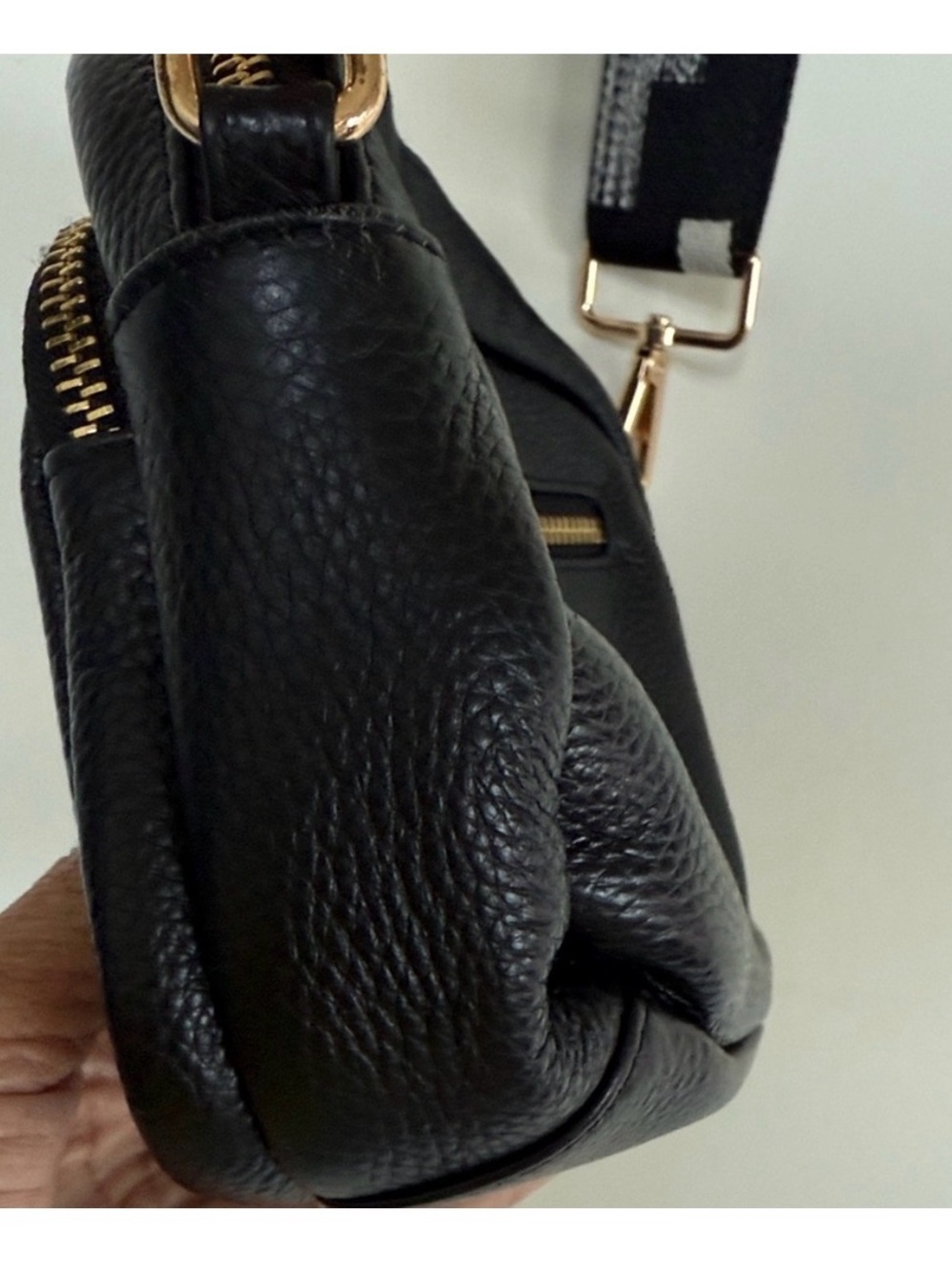 Compact Black Pebble Crossbody with Patterned Strap - Picture 6 of 12